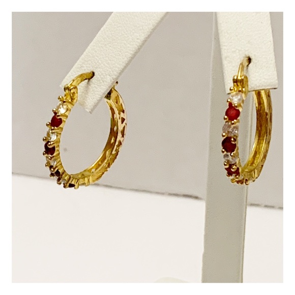 Gold tone hoop earrings with red and clear stones - Picture 3 of 11